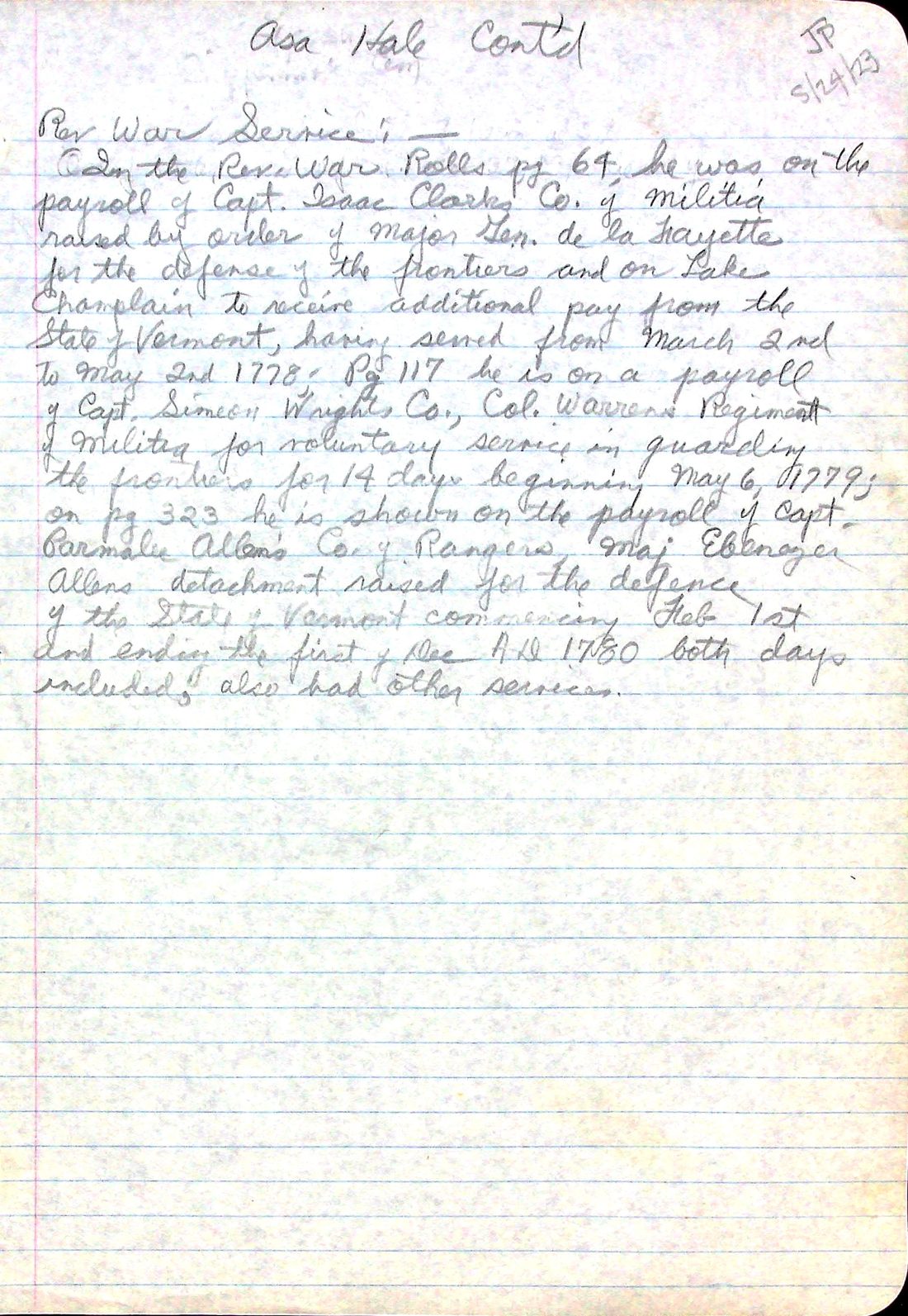 HALE, Asa (b. 1759 Conn. d. 1843 Rutland) Rev War record